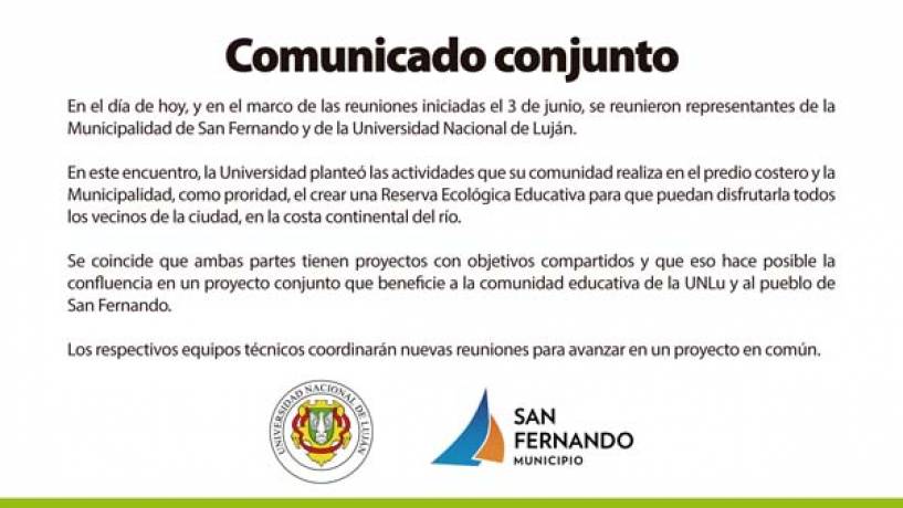 COMUNICADO CONJUNTO: San Fernando y la Universidad de Luján trabajan en un proyecto conjunto para la reserva ecológica educativa y un mejor espacio para los estudiantes