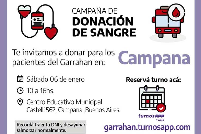 Se realizará una campaña de donación de sangre para el hospital Garrahan