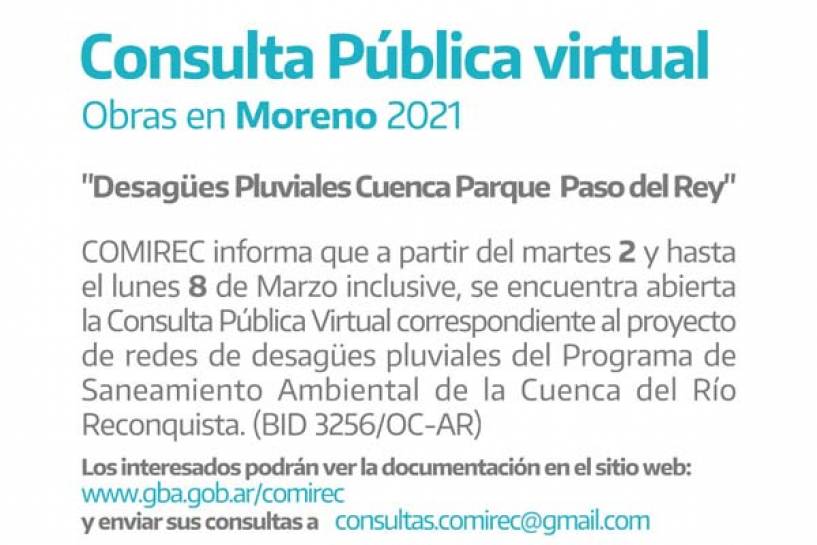 Llamado a Consulta Pública Virtual por obras pluviales en Moreno