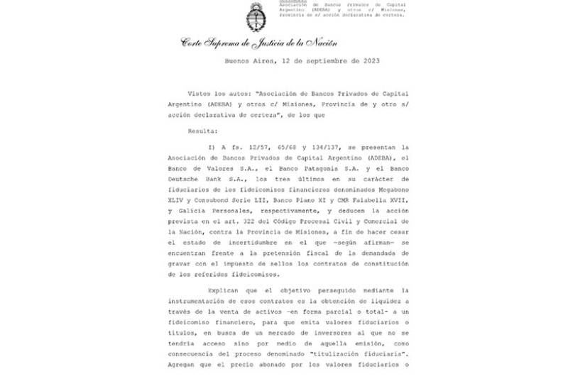 La Corte falló en contra de Misiones y a favor de los bancos, por el intento de la provincia de cobrar impuestos por fideicomisos de Buenos Aires