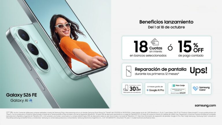 Samsung presentó en Argentina el Galaxy S26 FE con beneficios y financiación en hasta 18 cuotas sin interés